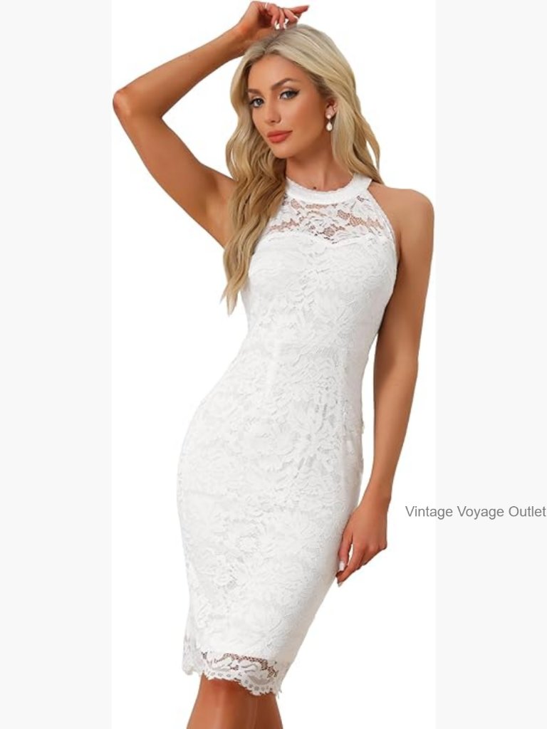 Sleeveless Halter Formal Bodycon Lace Sheath Dress Wedding Guest Cocktail